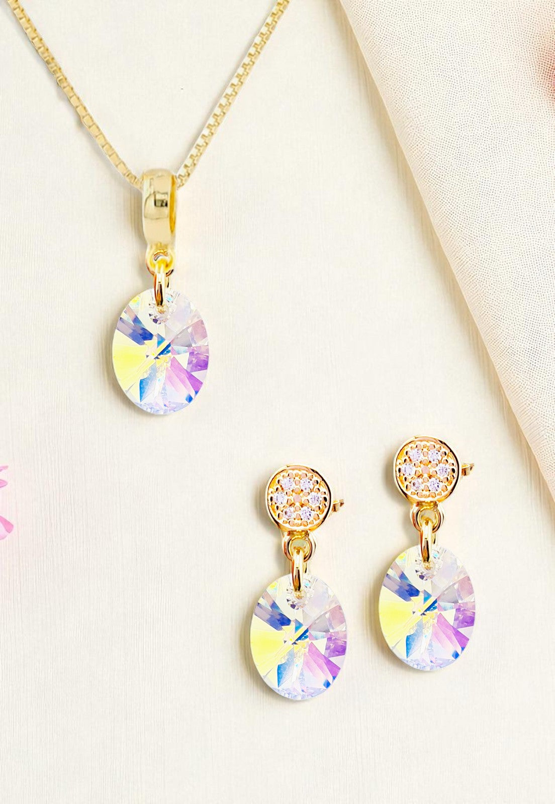 Conjunto Praga Gold 24K Cristal Swarovski® Aurora Boreal