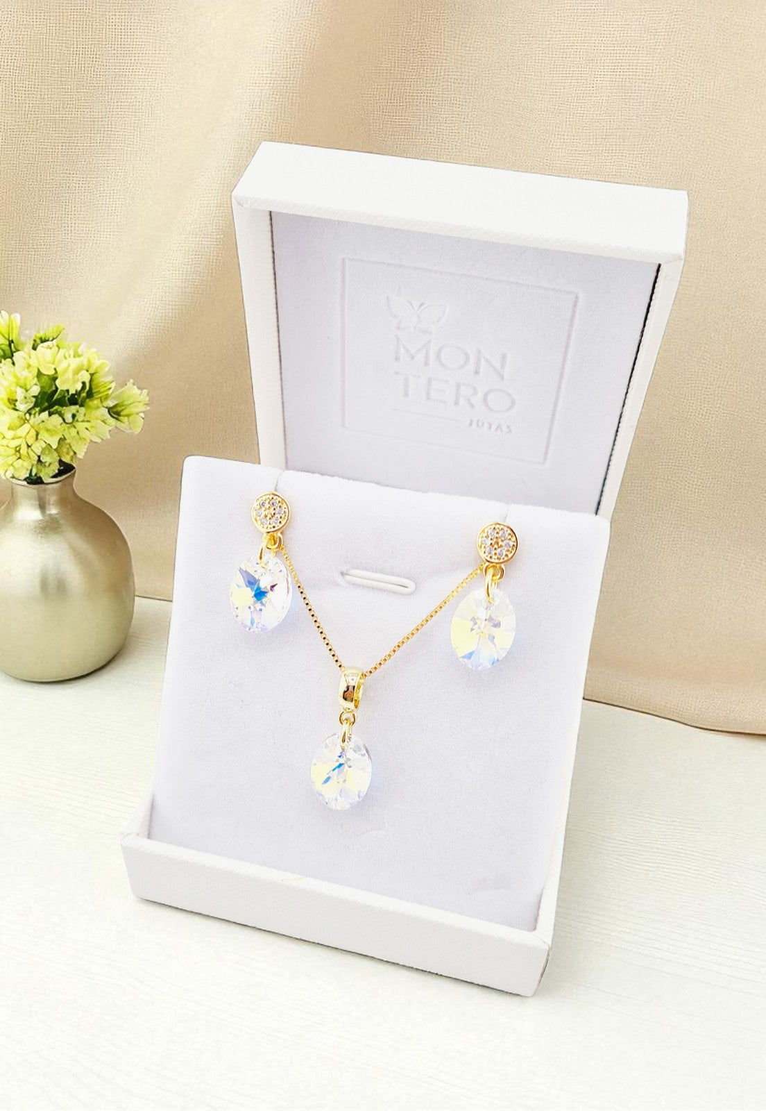 Conjunto Praga Baño Oro 24K Cristal Genuino Aurora Boreal