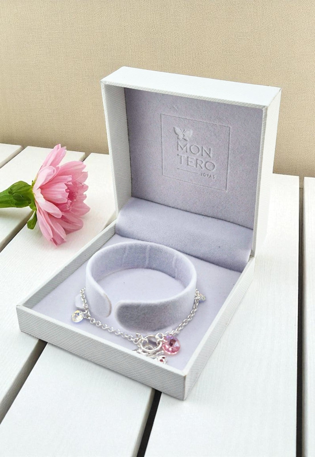 Pulsera Niña Plata Italiana 925 Cristal Genuino Aurora Boreal y Light Rose