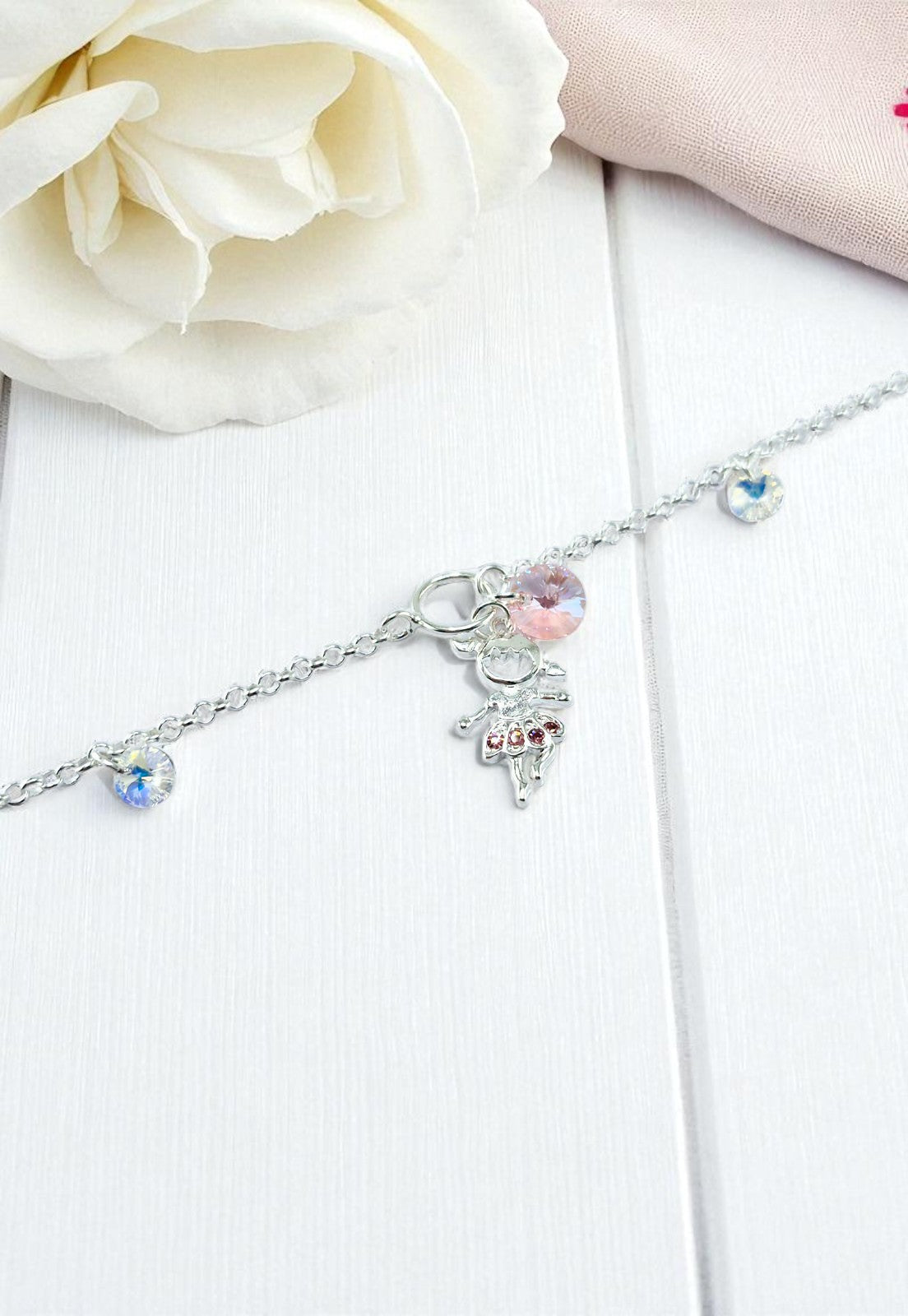 Pulsera Niña Plata Italiana 925 Cristal Genuino Aurora Boreal y Light Rose