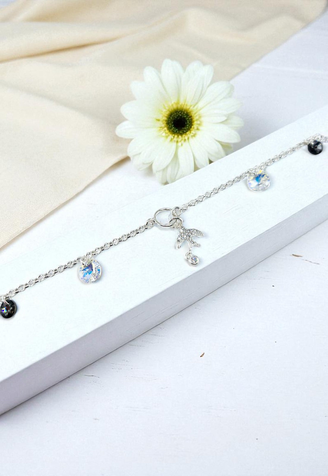 Pulsera Golondrina Plata Italiana Cristal Genuino