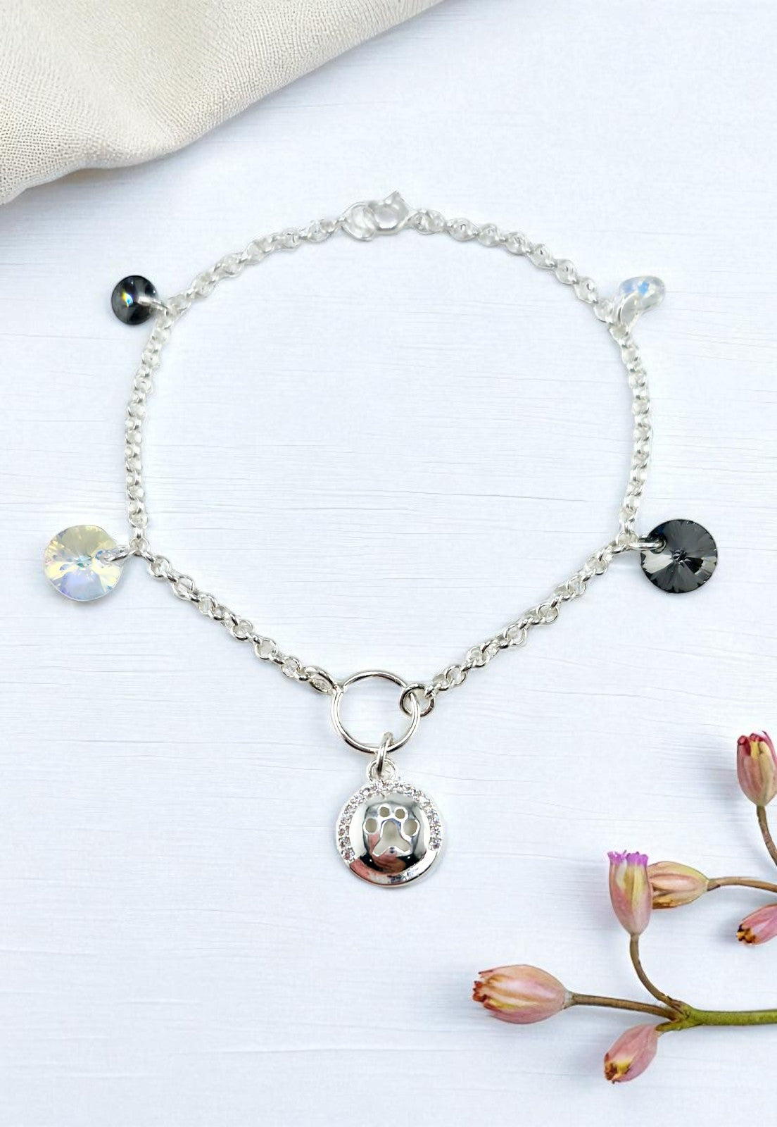 Pulsera Puppy Plata Italiana 925 Cristal Genuino Aurora Boreal y Silver Night