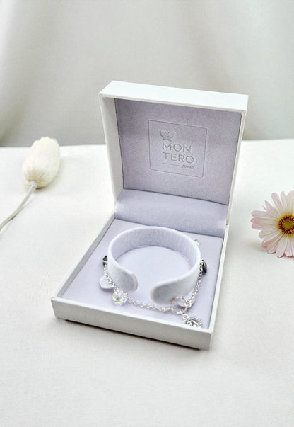 Pulsera Puppy Plata Italiana 925 Cristal Genuino Aurora Boreal y Silver Night