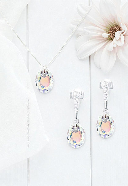 Aros +Collar Conjunto Antonia Plata 925 Cristal Genuino Aurora Boreal