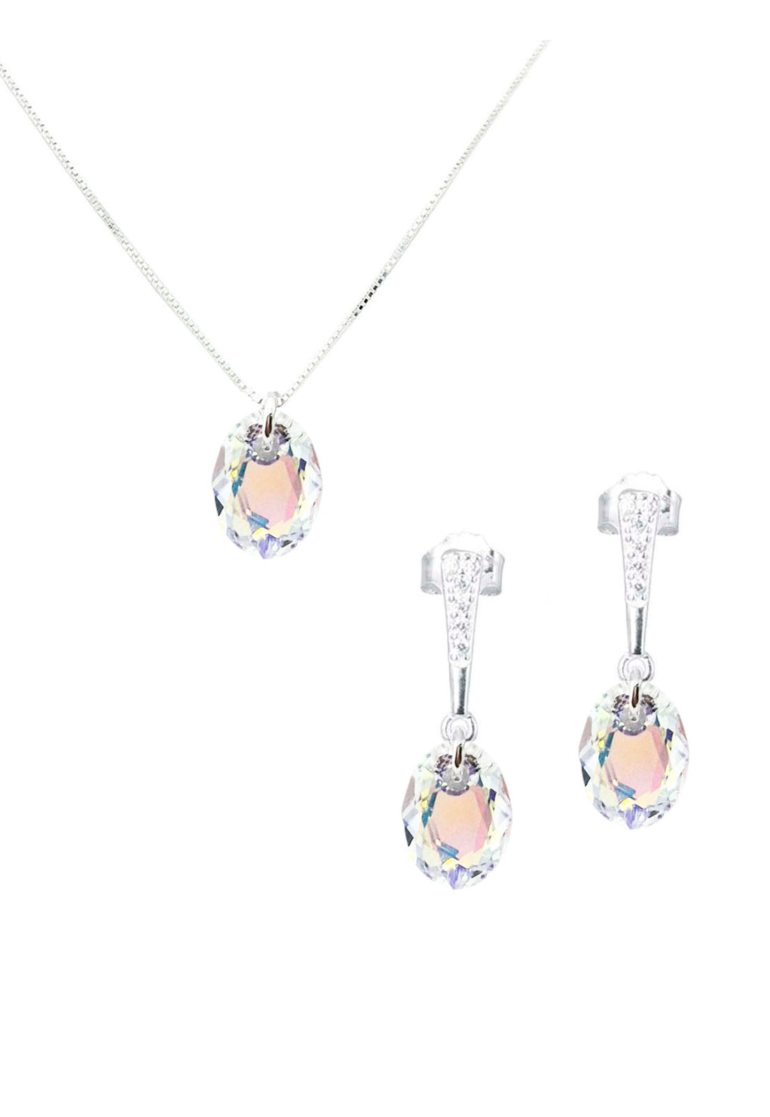 Aros +Collar Conjunto Antonia Plata 925 Cristal Genuino Aurora Boreal