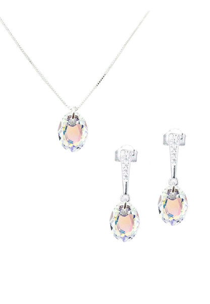 Aros +Collar Conjunto Antonia Plata 925 Cristal Genuino Aurora Boreal
