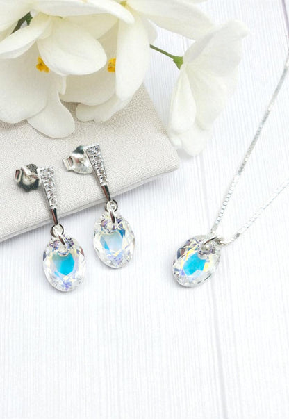 Aros +Collar Conjunto Antonia Plata 925 Cristal Genuino Aurora Boreal