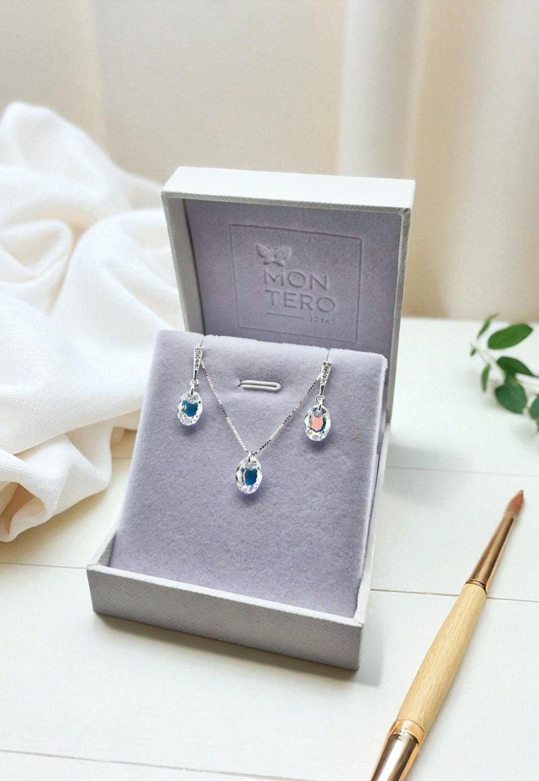 Aros +Collar Conjunto Antonia Plata 925 Cristal Genuino Aurora Boreal