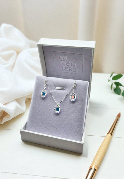 Aros +Collar Conjunto Antonia Plata 925 Cristal Genuino Aurora Boreal