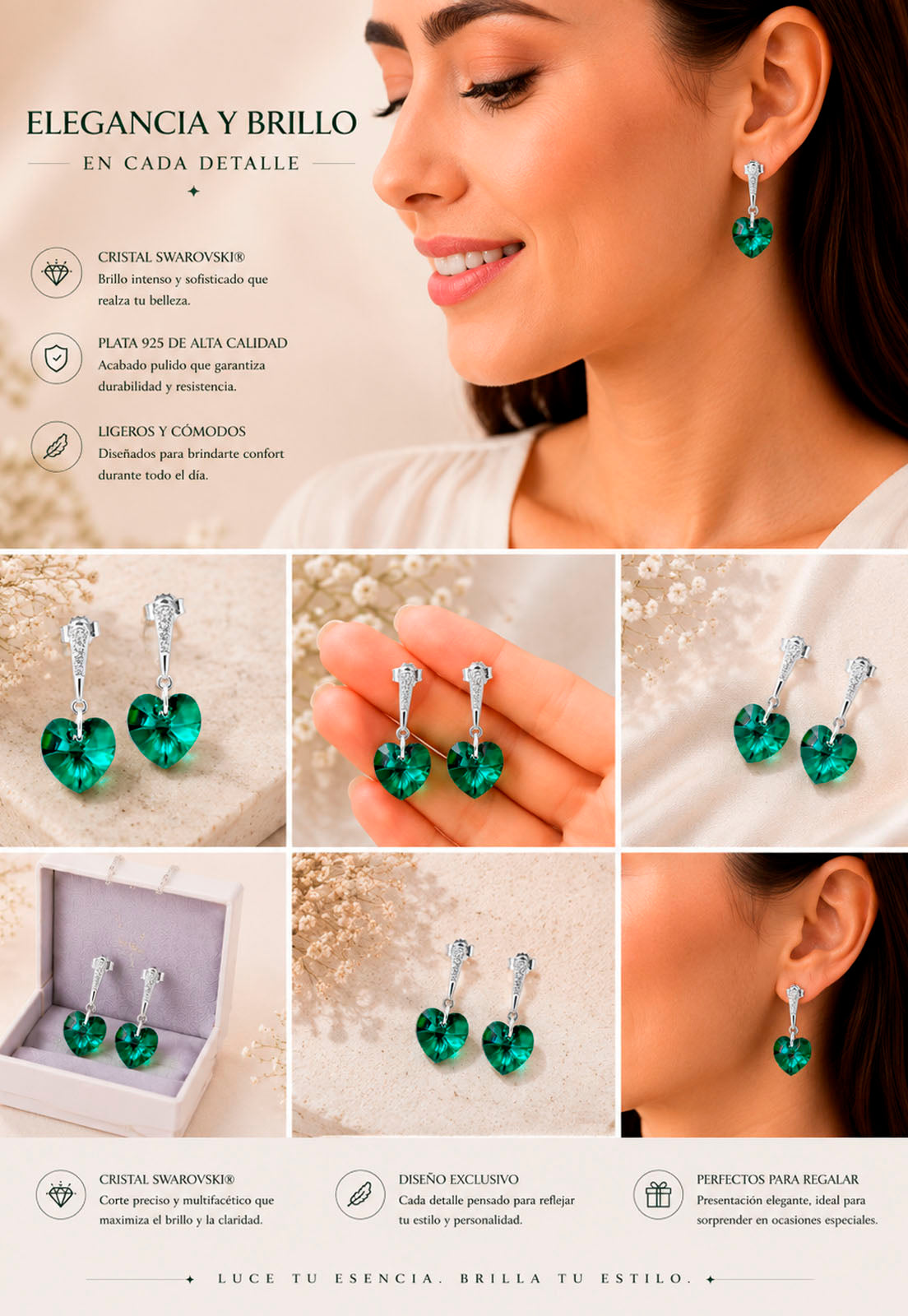 Aros Romance Plata 925 Cristal Swarovski® Emerald