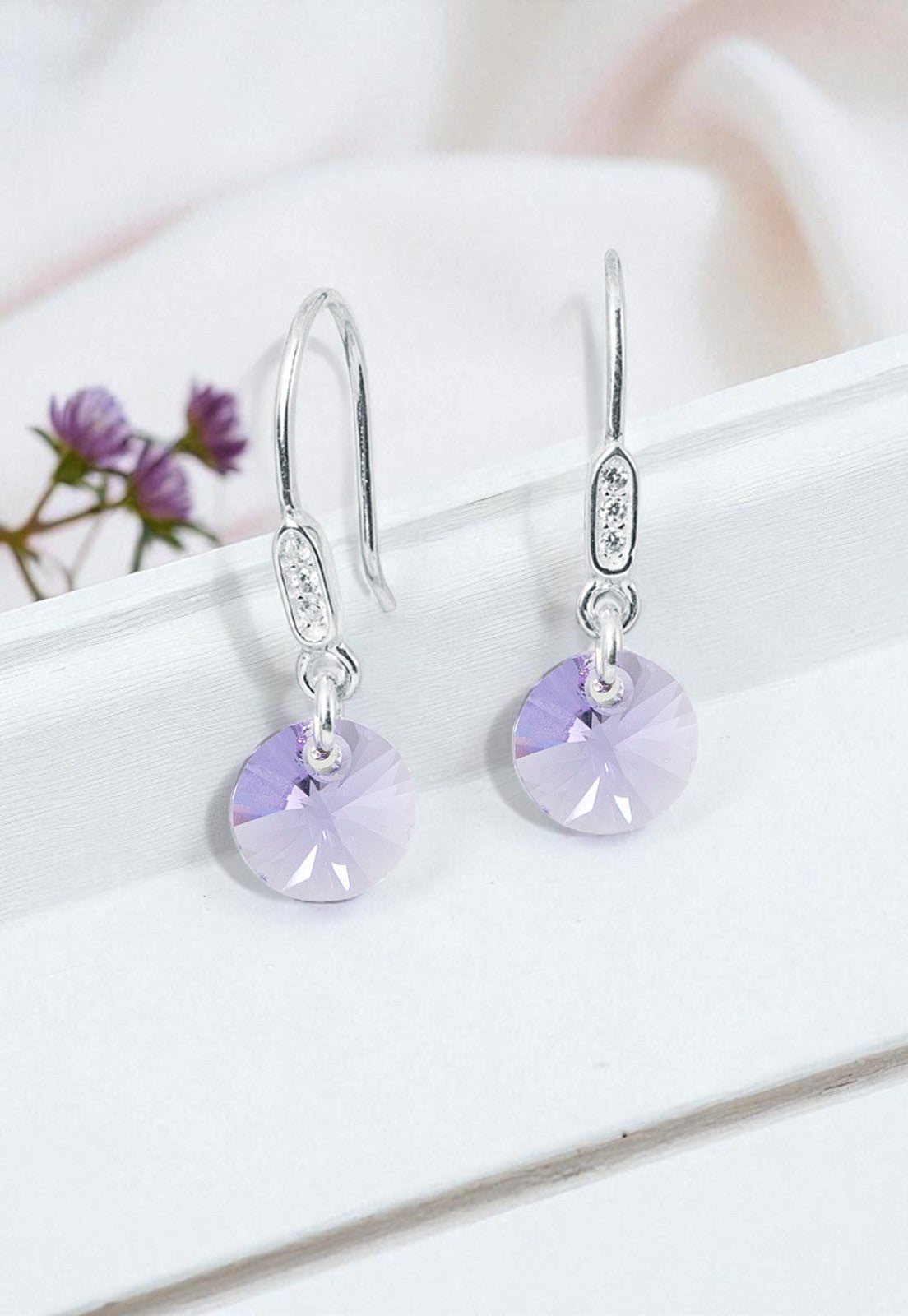 Aros Punto De Luz Circon Plata 925 Cristal Genuino Violeta