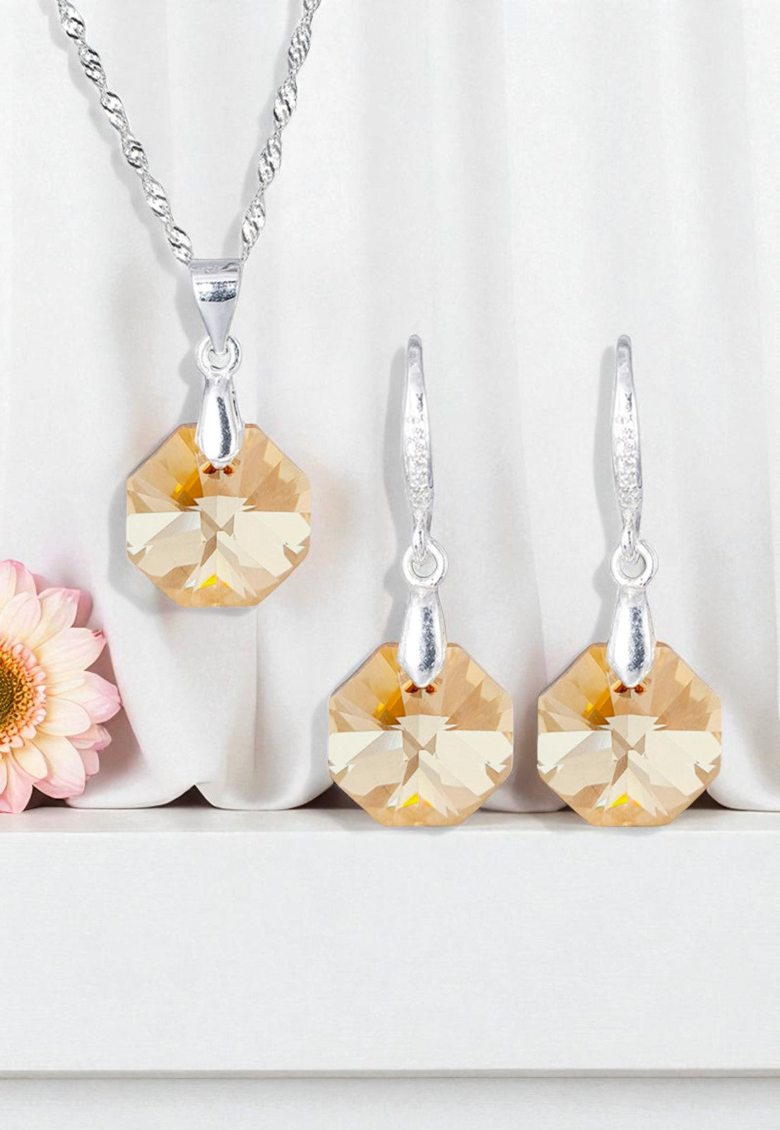 Aros + Collar Conjunto Bruselas Plata 925 Cristal Genuino Golden