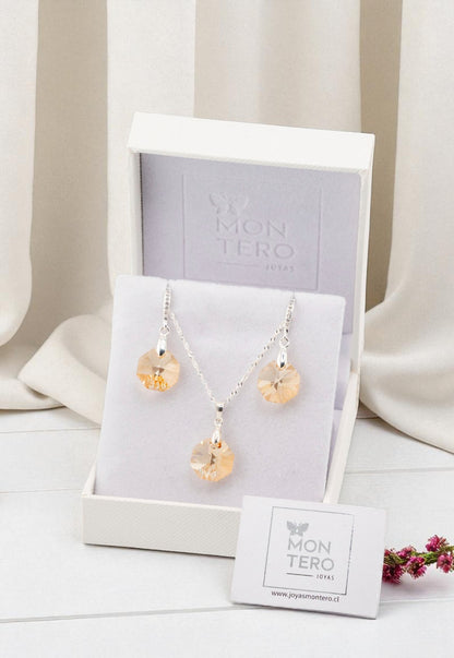 Aros + Collar Conjunto Bruselas Plata 925 Cristal Genuino Golden