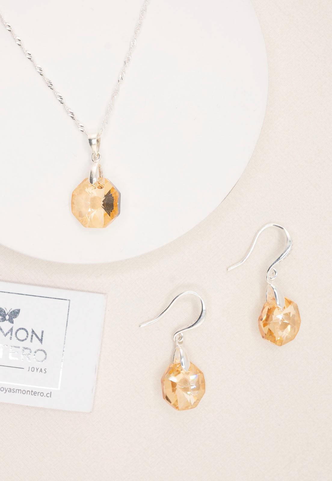 Aros + Collar Conjunto Bruselas Plata 925 Cristal Genuino Golden