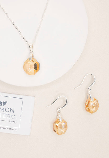 Aros + Collar Conjunto Bruselas Plata 925 Cristal Genuino Golden