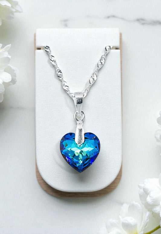 Collar Amor Plata 925 Cristal Genuino Bermuda Blue