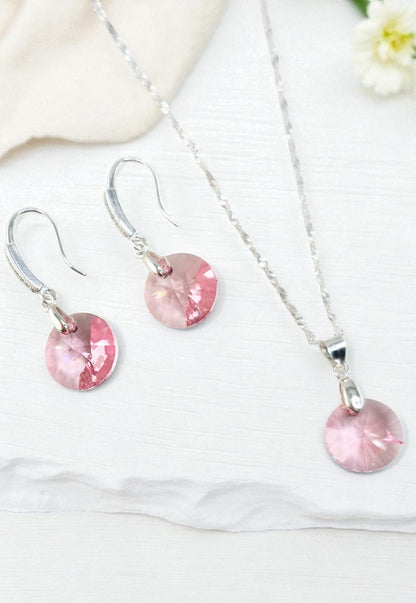 Aros + Collar Conjunto Madrid Plata 925 Cristal Light Rose