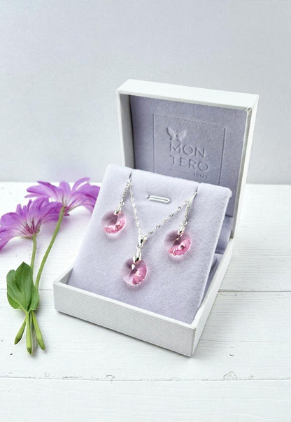 Aros + Collar Conjunto Madrid Plata 925 Cristal Light Rose