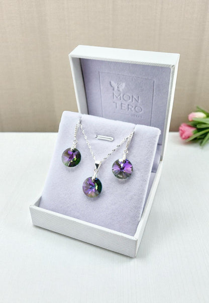 Aros + Collar Conjunto Madrid Plata 925 Cristal Genuino