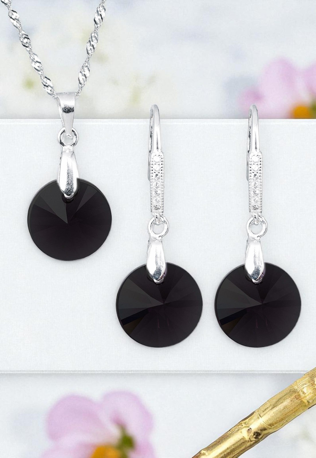 Collar + Aros Conjunto Madrid Plata 925 Cristal Genuino Jet