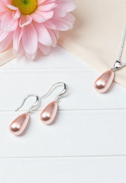 Collar +  Aros Conjunto Moscu Plata 925 Perla Organica Peach