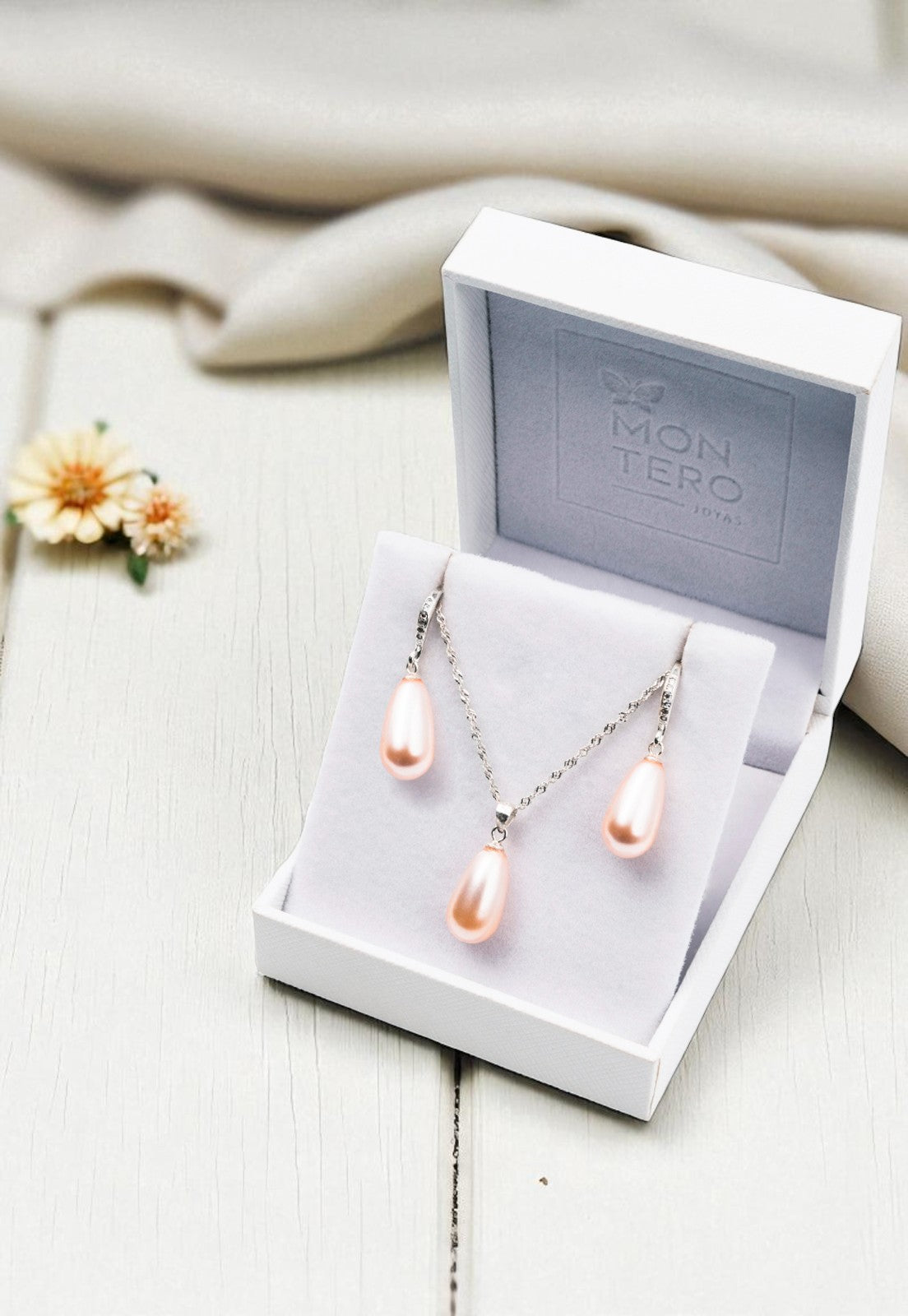 Collar +  Aros Conjunto Moscu Plata 925 Perla Organica Peach