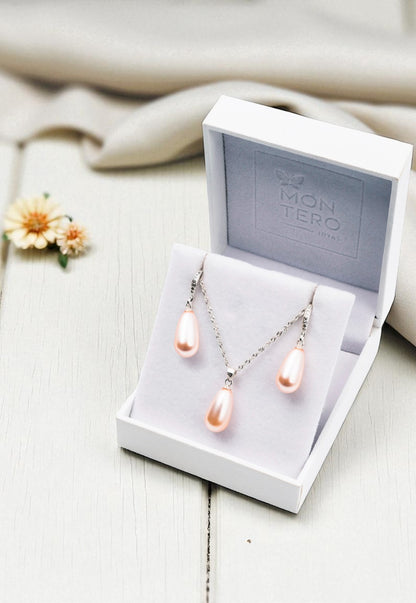 Collar +  Aros Conjunto Moscu Plata 925 Perla Organica Peach