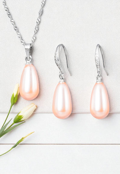 Collar +  Aros Conjunto Moscu Plata 925 Perla Organica Peach