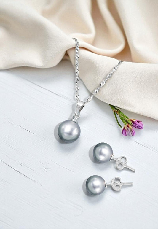 Conjunto Viena Plata 925 Perla Genuina Light Grey