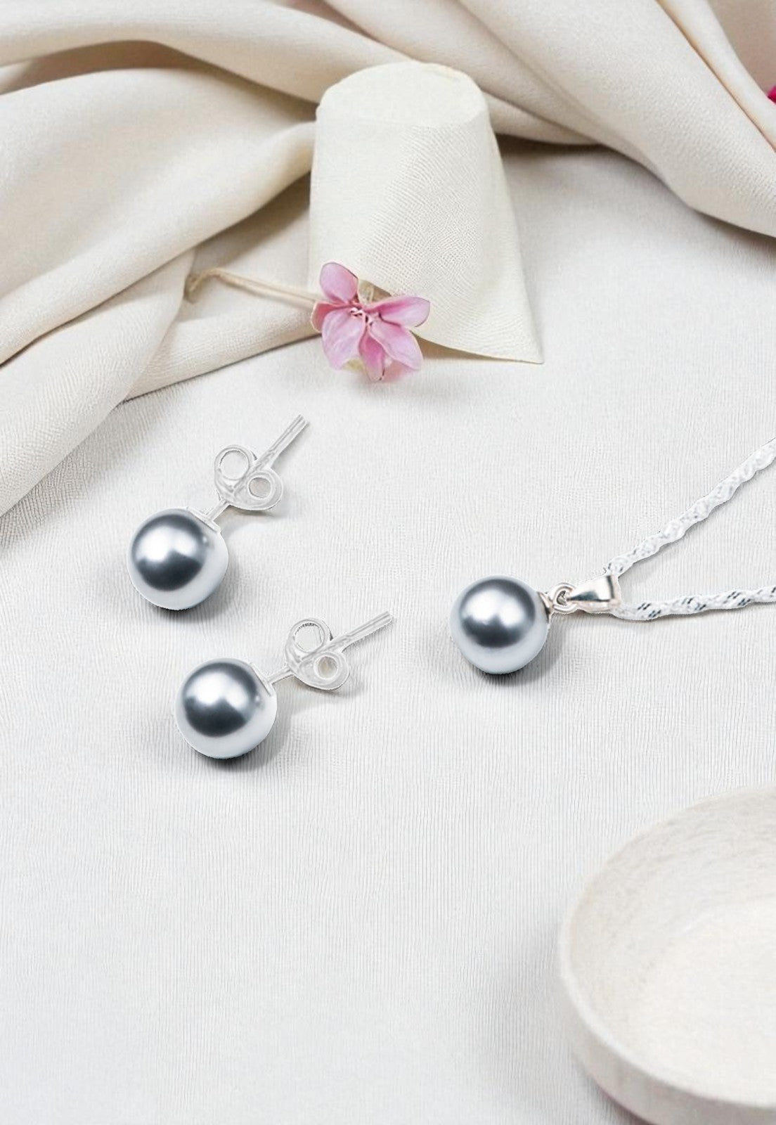 Conjunto Viena Plata 925 Perla Genuina Light Grey