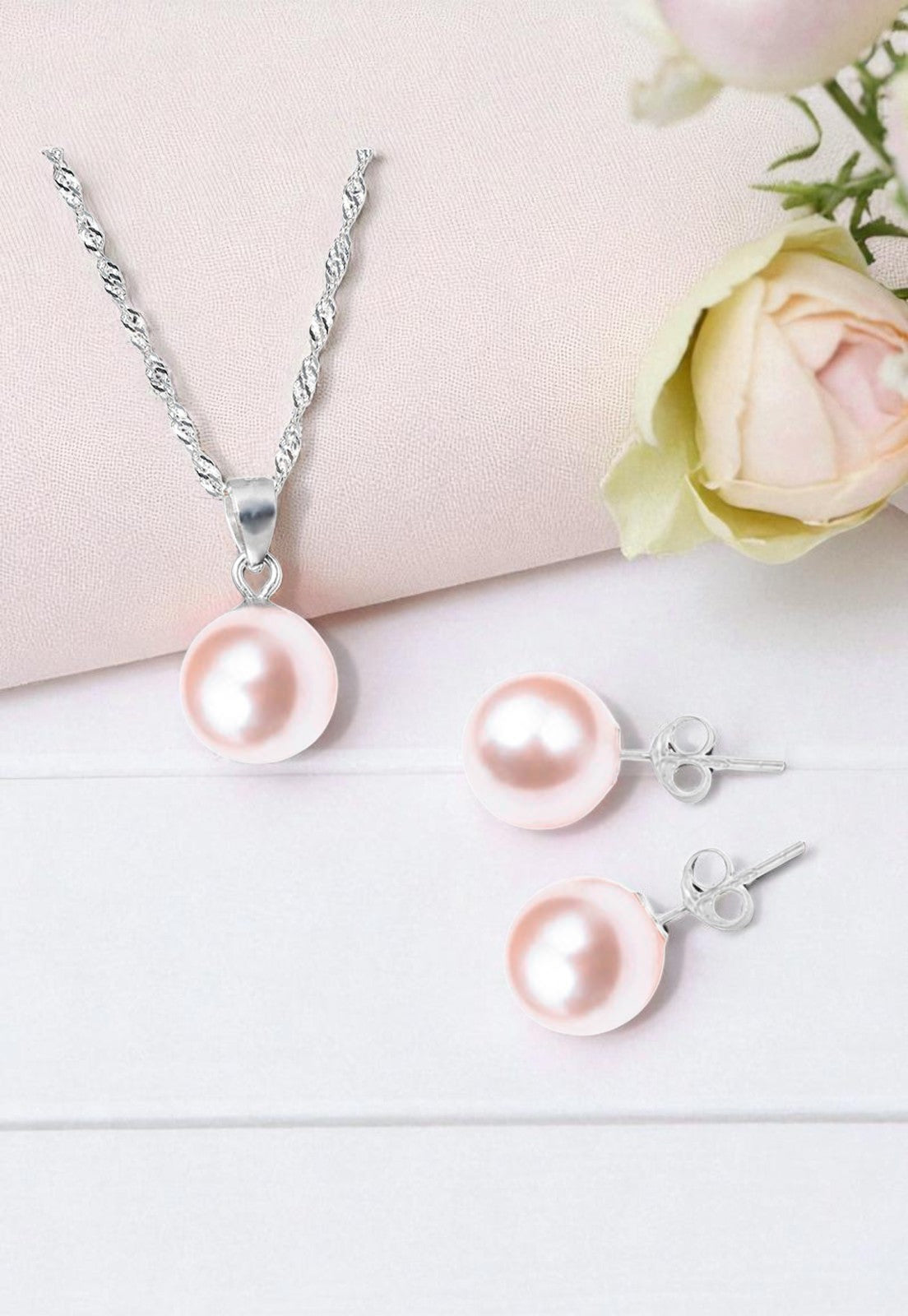 Aros + Collar Conjunto Viena Plata 925 Perla Genuina Peach