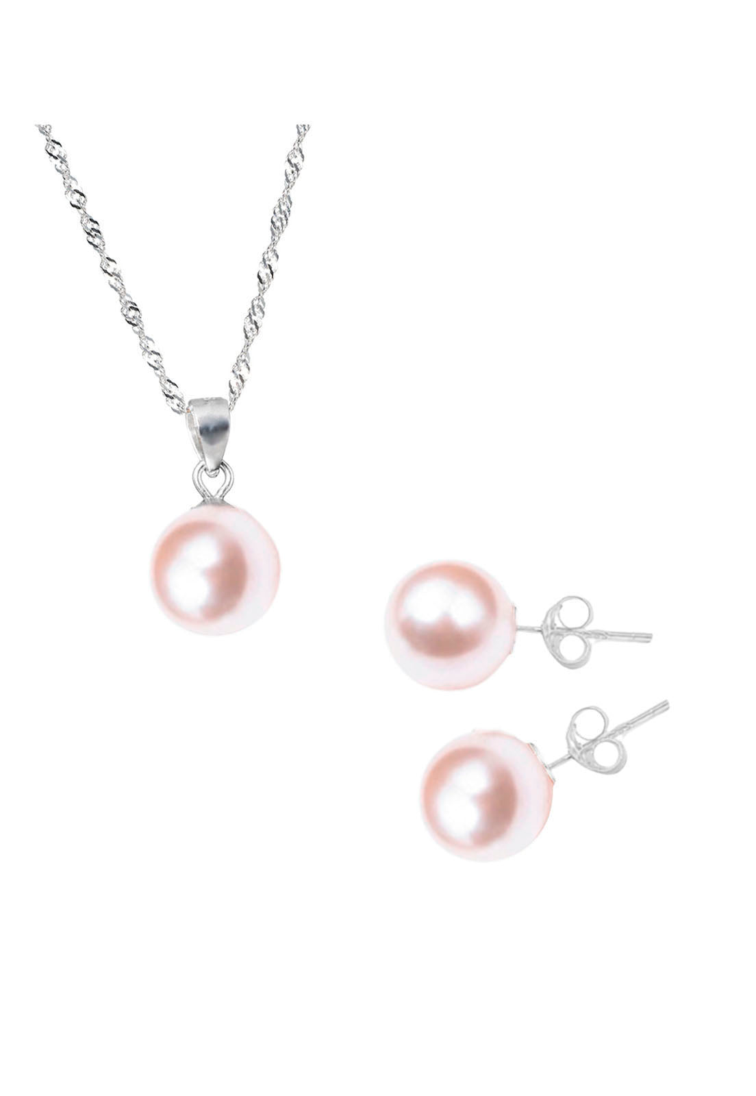 Aros + Collar Conjunto Viena Plata 925 Perla Genuina Peach