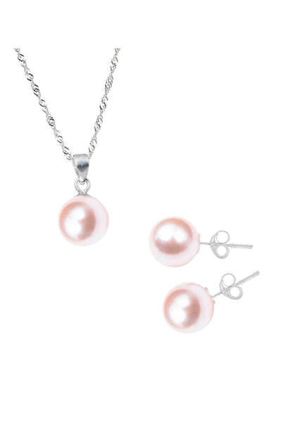 Aros + Collar Conjunto Viena Plata 925 Perla Genuina Peach