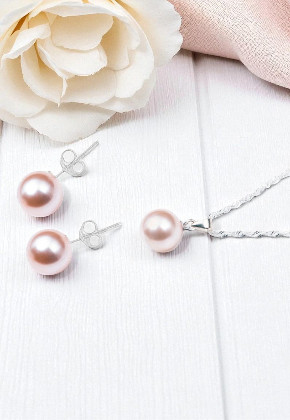 Aros + Collar Conjunto Viena Plata 925 Perla Genuina Peach