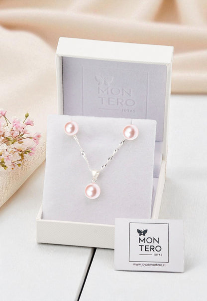 Aros + Collar Conjunto Viena Plata 925 Perla Genuina Peach