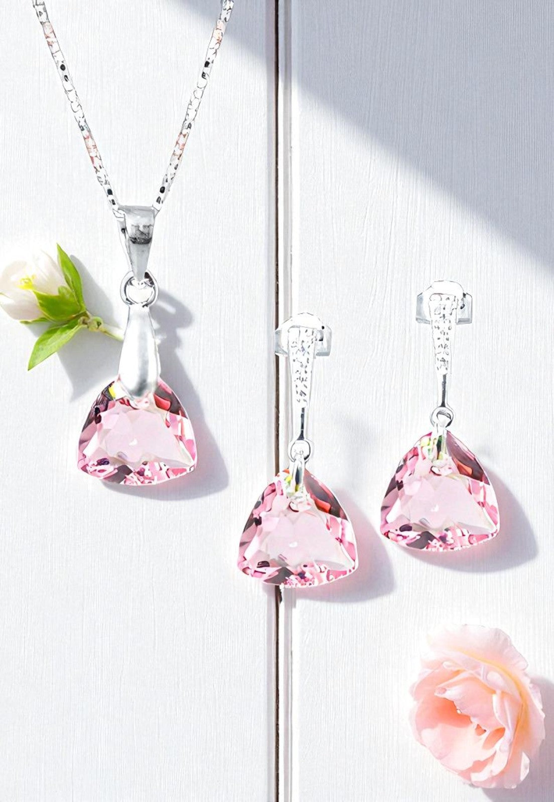 Aros + Collar Conjunto Camila Plata 925 Cristal Genuino Light Rose