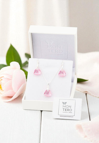 Aros + Collar Conjunto Camila Plata 925 Cristal Genuino Light Rose