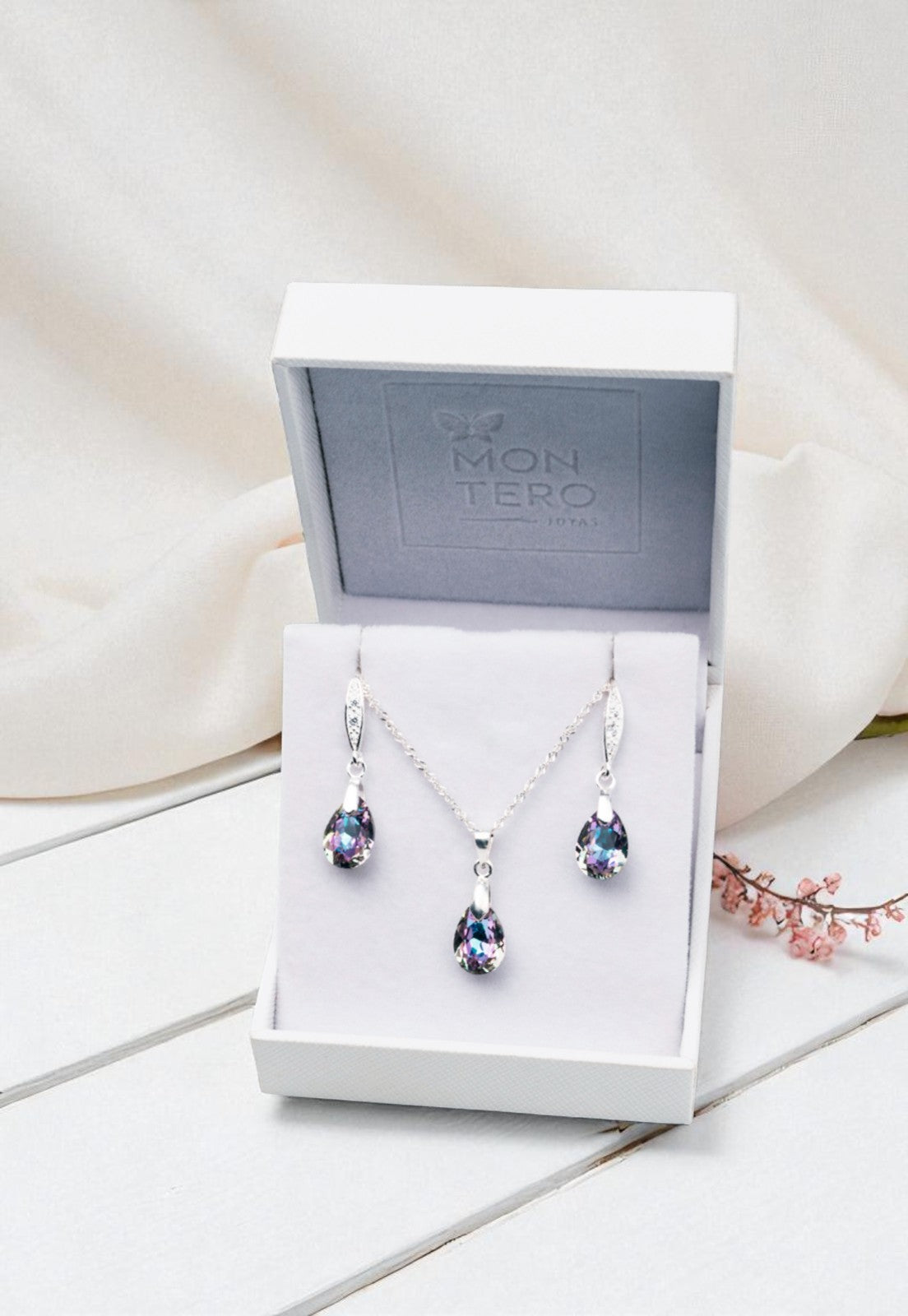 Aros + Collar Conjunto Milan Plata 925 Cristal Genuino Vitral Light