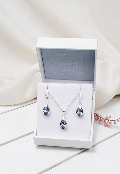 Aros + Collar Conjunto Milan Plata 925 Cristal Genuino Vitral Light