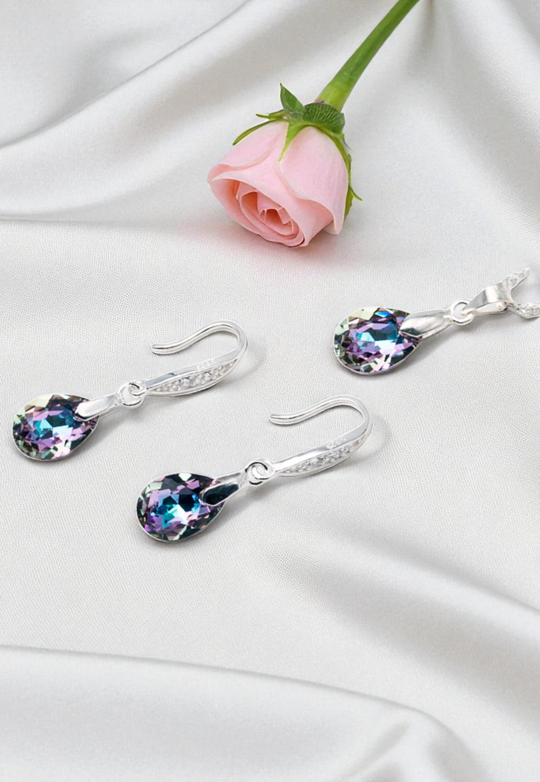 Aros + Collar Conjunto Milan Plata 925 Cristal Genuino Vitral Light