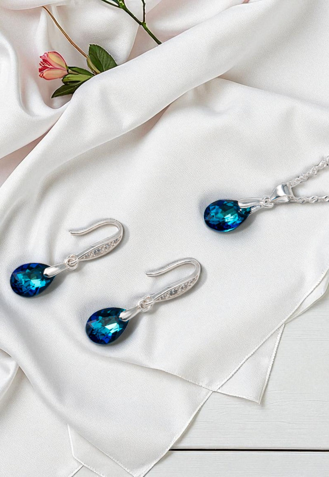 Conjunto Milan Plata 925 Cristal Genuino Bermuda Blue