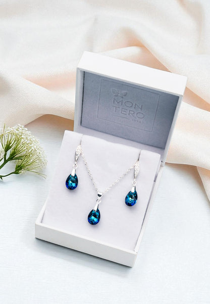 Conjunto Milan Plata 925 Cristal Genuino Bermuda Blue