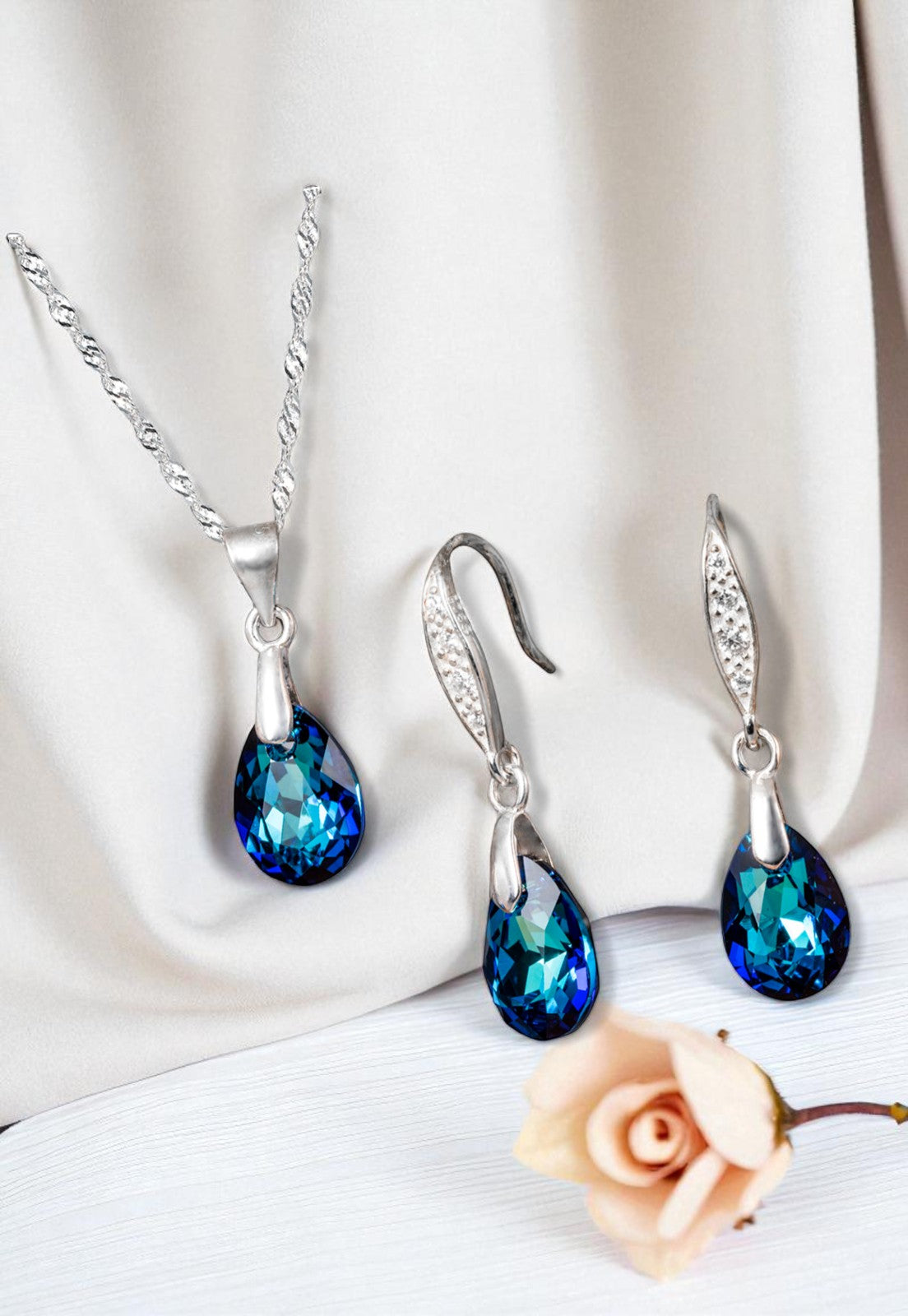 Conjunto Milan Plata 925 Cristal Genuino Bermuda Blue