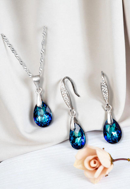 Conjunto Milan Plata 925 Cristal Genuino Bermuda Blue