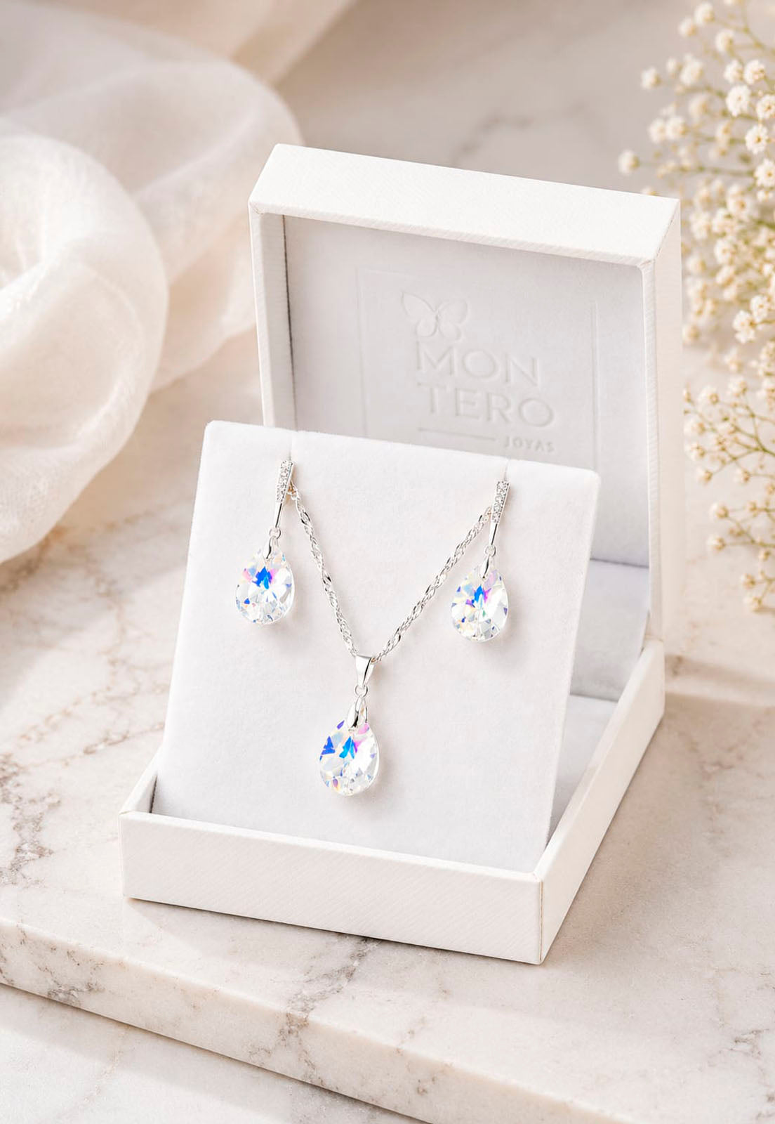 Conjunto Encanto Plata 925 Cristal Swarovski® Aurora Boreal