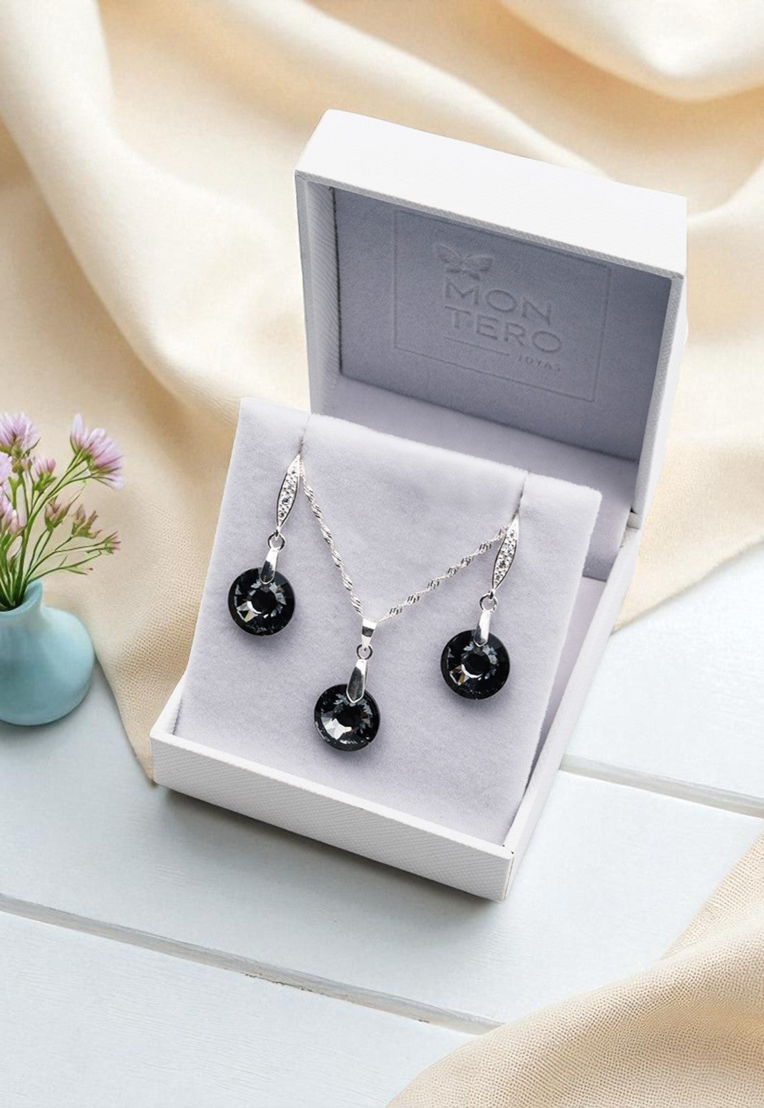 Conjunto Enigma Plata 925 Cristal Genuino Silver Night