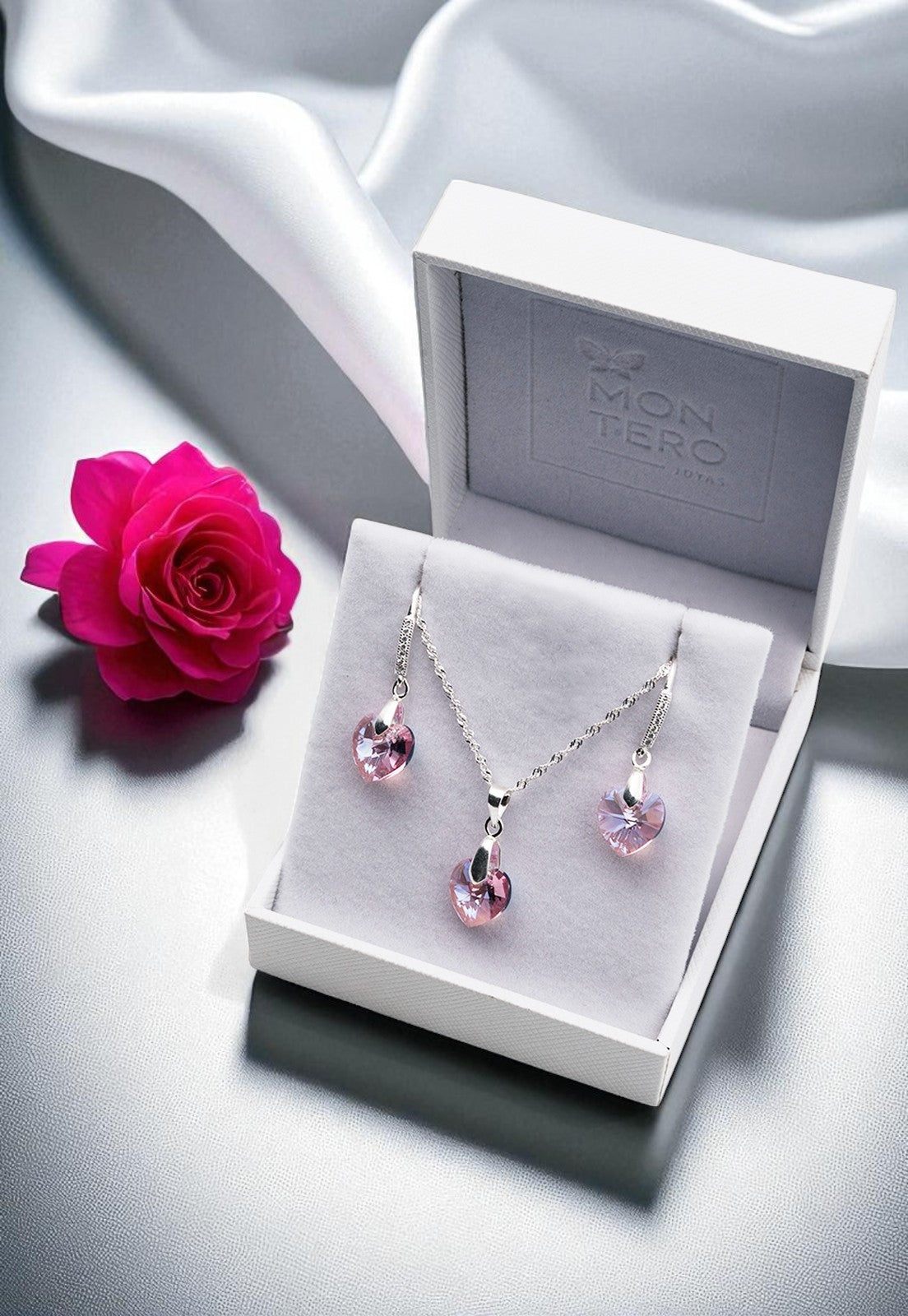 Conjunto Romance Plata 925 Cristal Genuino Light Rose