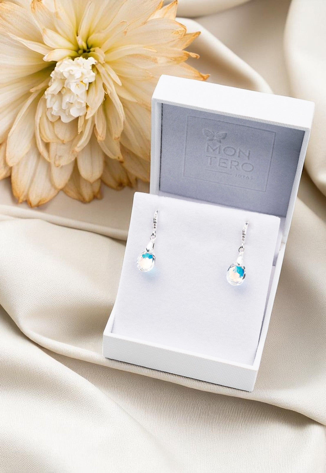 Aros Gota de Luz Plata Italiana 925 Cristal Genuino Aurora Boreal