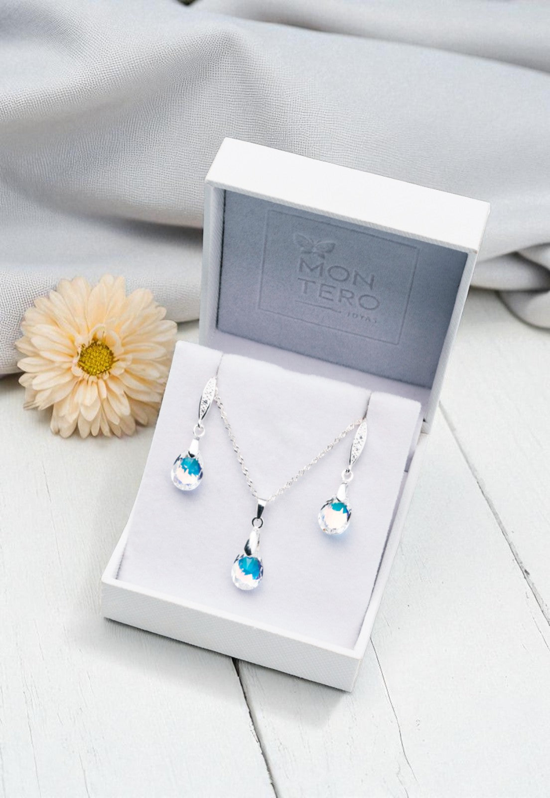 Conjunto Milan Plata 925 Cristal Genuino Aurora Boreal