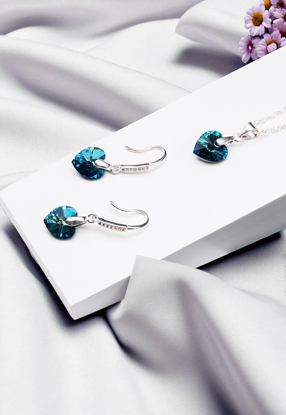 Conjunto Romance Plata 925 Cristal Genuino Bermuda Blue